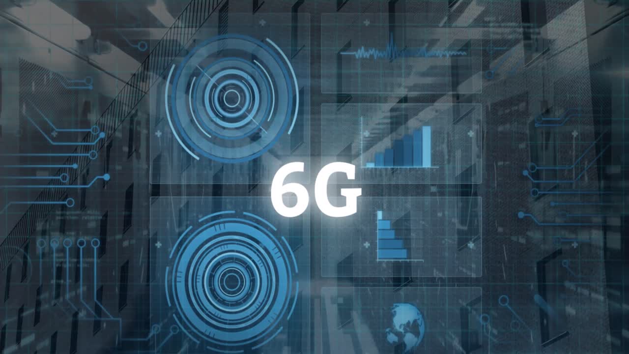 animación de texto de 6g, procesamiento de datos a través de servidores informáticos