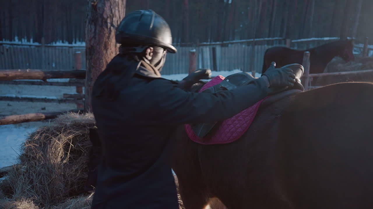 ajustar con cuidado la cincha de la silla, asegurándose de que quede bien ajustada durante los fríos preparativos en el establo para montar, apretar con cuidado la cincha del caballo en el establo para garantizar la seguridad y la comodidad del jinete