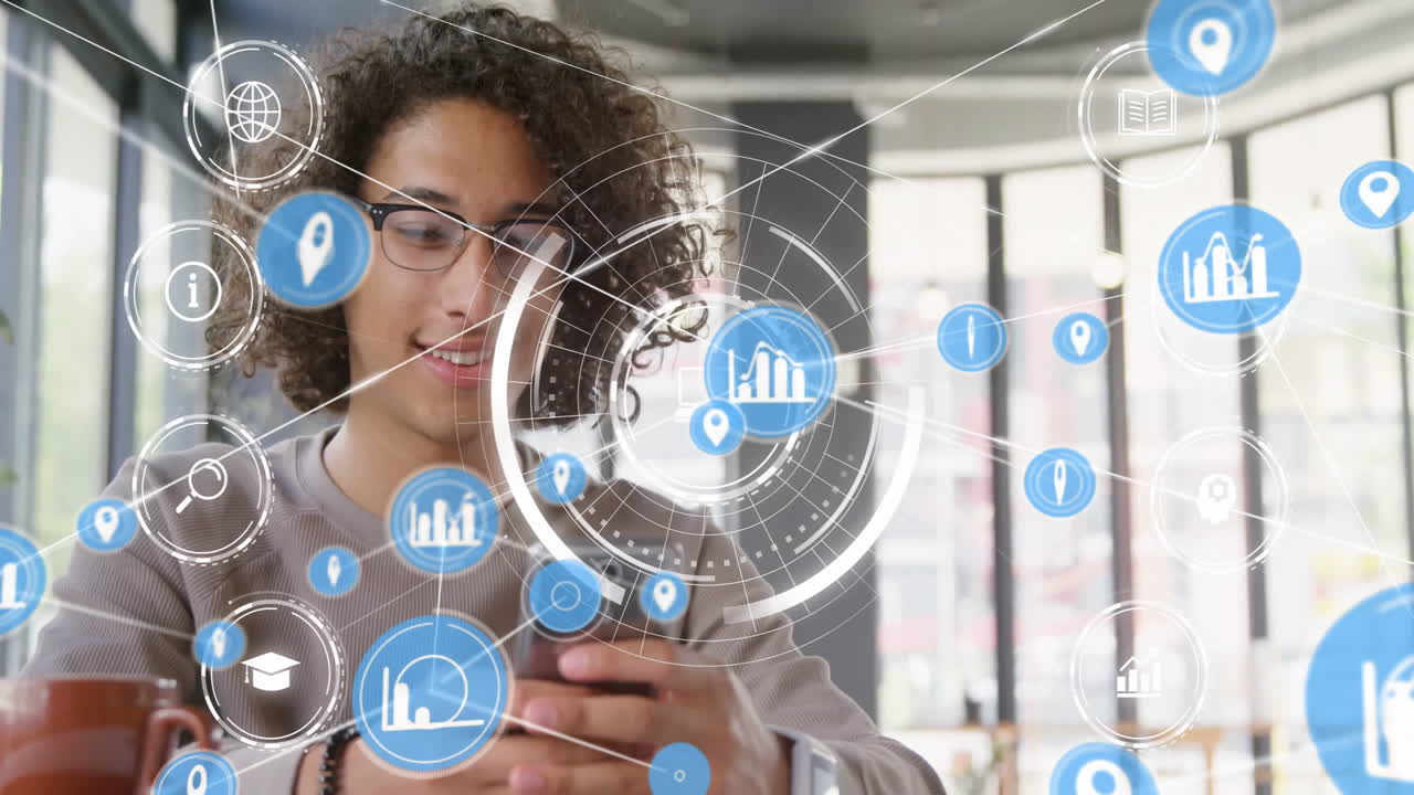 Using smartphone with digital data icons, child in school creating animation