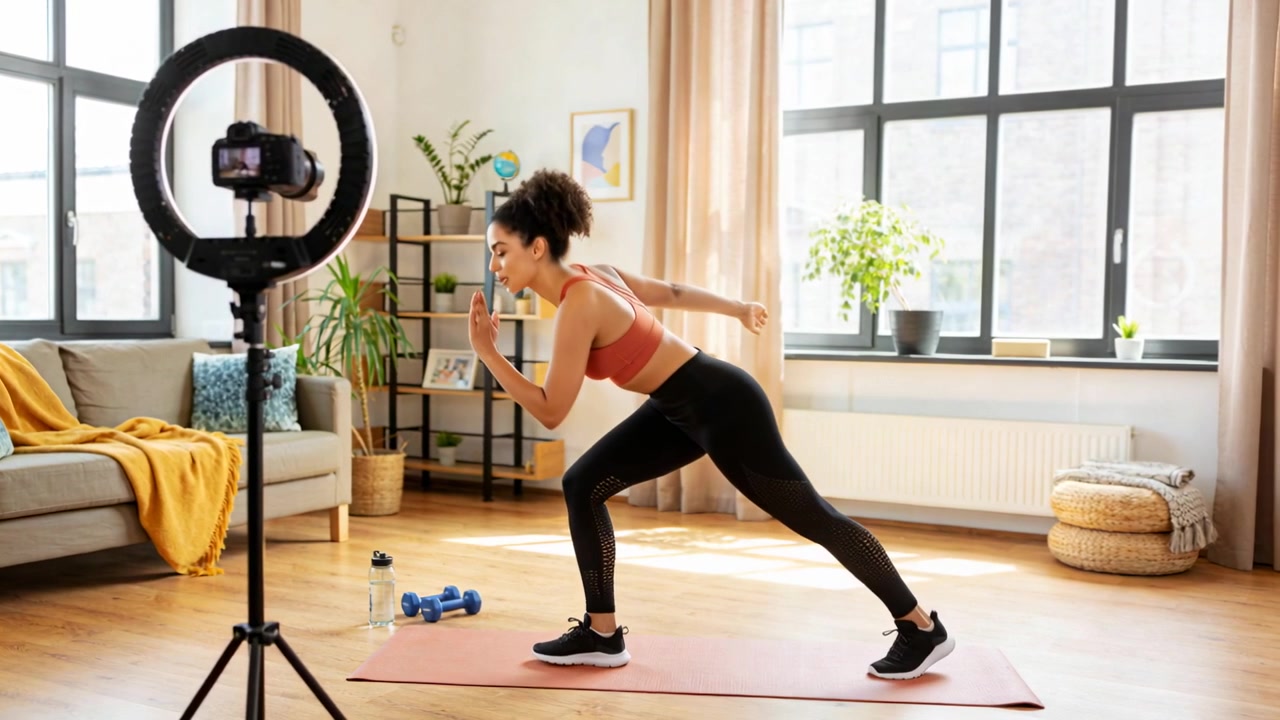 Recording coach in coral sports-bra doing lunges on mat at home, ring camera starting for workout
