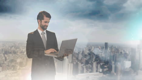 animation of businessman using laptop over cityscape