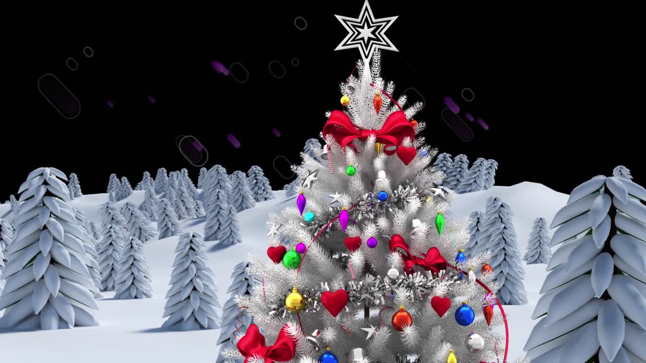 겨울 풍경 에 있는  ⁇ 색 크리스마스 트리 의 애니메이션 이 검은색 배경 에 있는 보라색 빛 의 길 위 에 있다