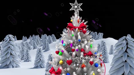 animación de árbol de navidad blanco en un paisaje de invierno sobre senderos de luz púrpura en un fondo negro