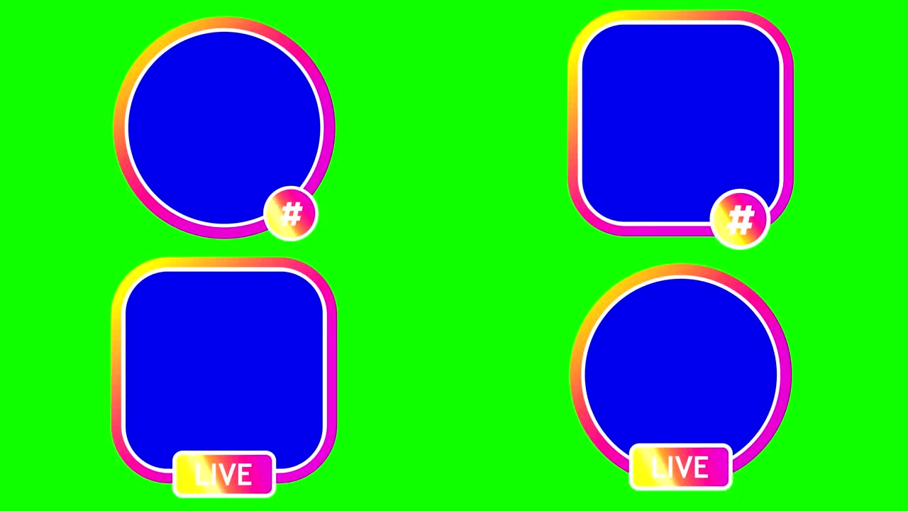 초록색 바탕에 네 개의 밝은 분홍색 둥근 사각형 프레임이 있으며, 아래에는 라이브와 해시태그 표지판이 새겨져 있습니다. 프레임 안에는 파란색 바탕이 있습니다.