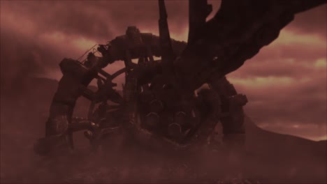 cinematic shot of a stormy ancient alien crash site, with a smooth descending shot of a vast hulk of a derelict space ship with wreckage, through an electrical silicate storm - red color scheme