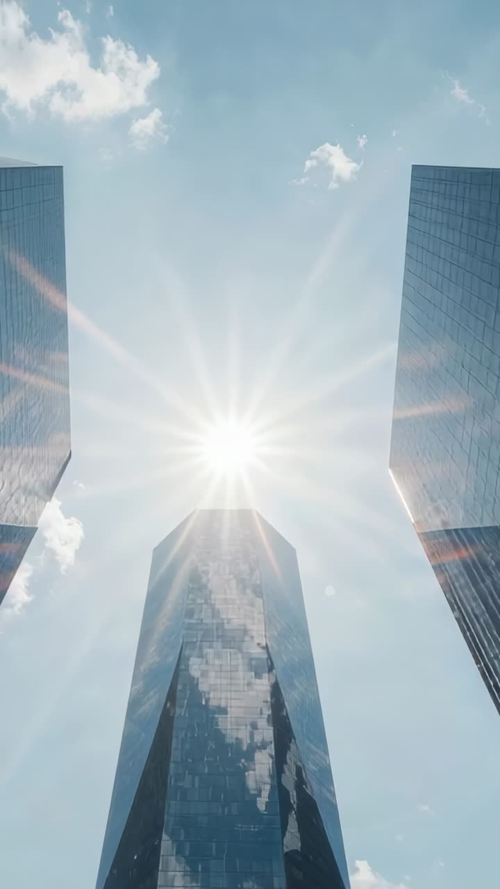 Vertical video: Camera tilting past three glass towers in plaza after sun centering showing flare