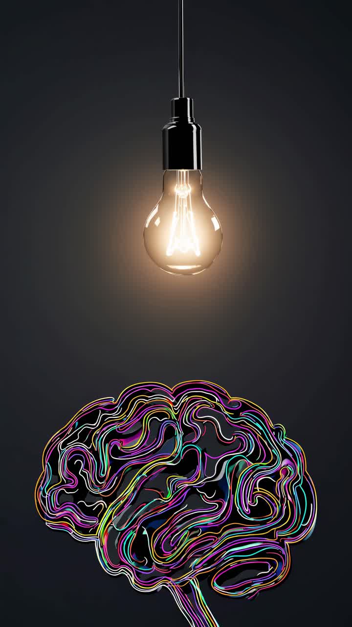 A glowing bulb above a colorful brain illustration on a dark background, captured from a low angle
