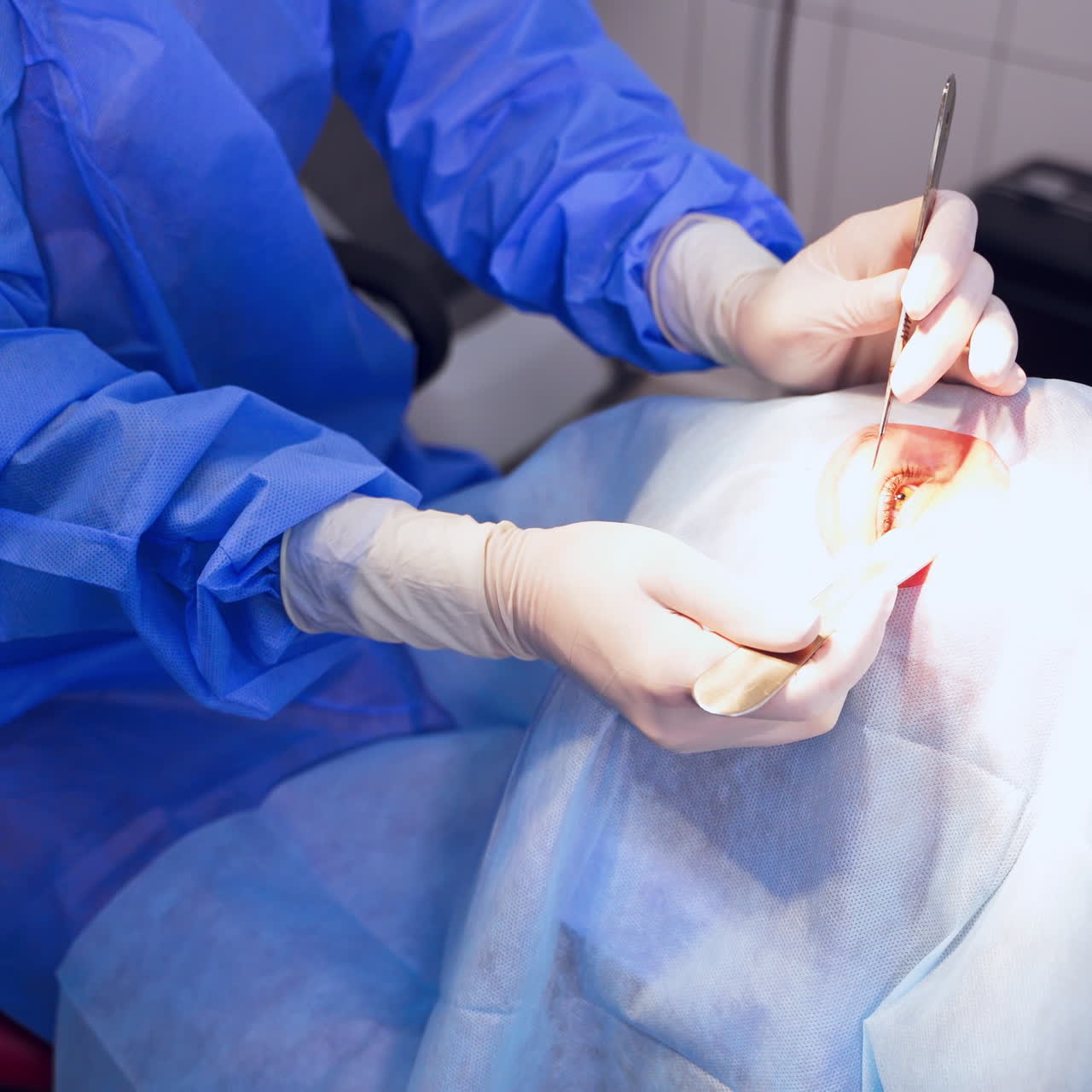Specialist uses medical instruments during eye surgery. Sterile instruments on the table. Ophthalmologist in latex gloves taking medical tools for operation.