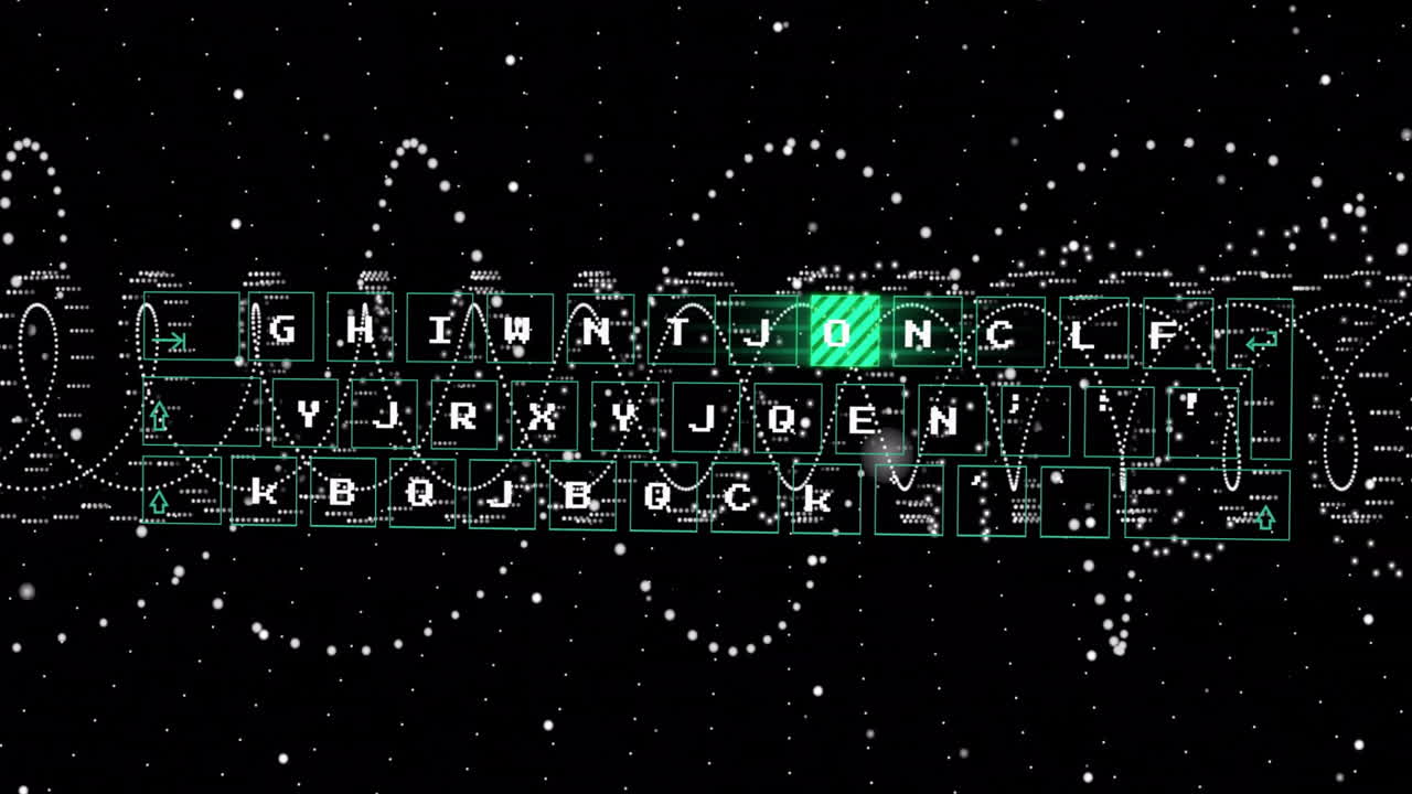 Animation of glowing keyboard letters with digital data patterns on black background