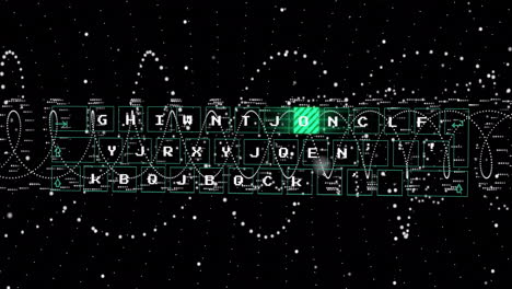 Animation of glowing keyboard letters with digital data patterns on black background