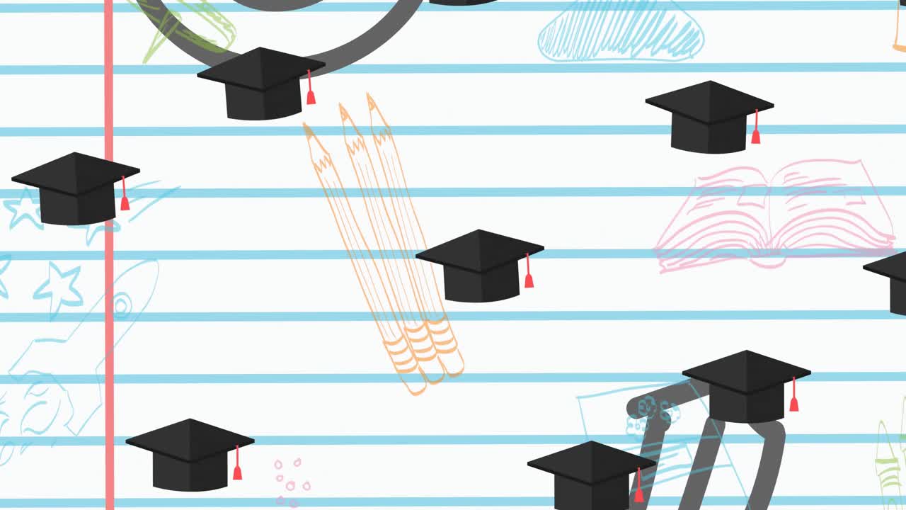 Animation af ikoner med skoleartikler, der bevæger sig på en hvid baggrund