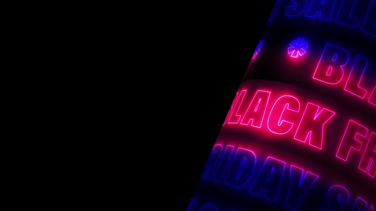Black Friday pink red and blue neon light text animation moving on black background with copy space for text or artwork. 4K 3D rendering seamless loop. Advertising Animated Banner. Kinetic Typography.