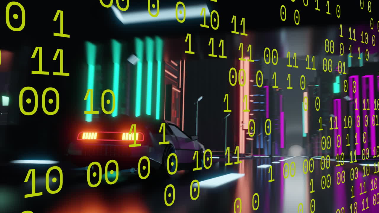 자동차 운전에 대한 바이너리 코딩을 가진 디지털 인터페이스의 애니메이션