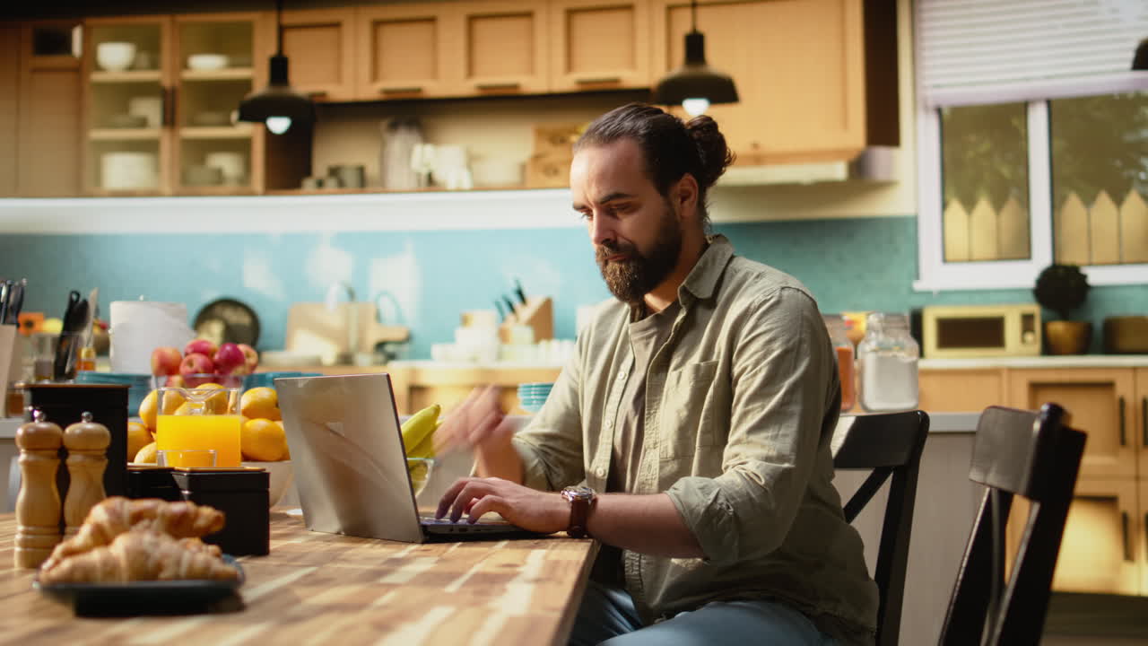 Adult worker, time on wristwatch, running late to the office, leaving home