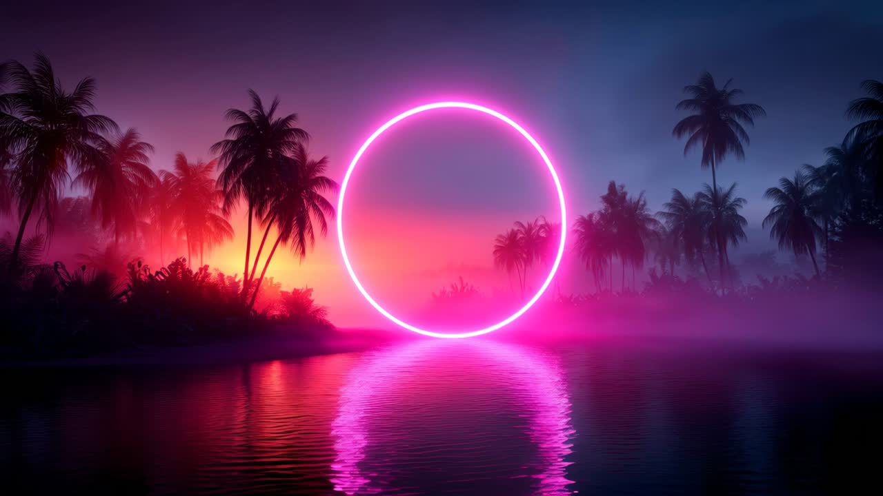 Cerchio al neon in un paesaggio tropicale al tramonto