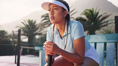 tennis player sitting on bench