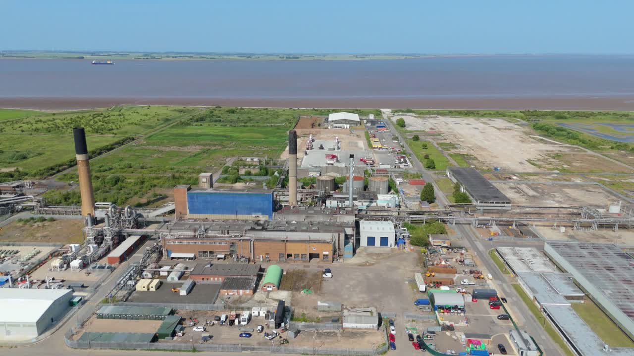 Aerial footage of Being Energy infrastructure showing emissions and factory layout in Grimsby