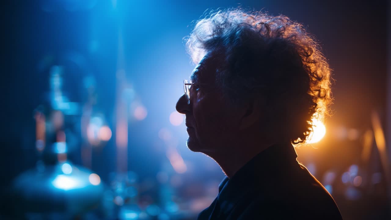 Silhouette of a Thoughtful Individual in a Dramatic Blue and Orange Lighting Setup, Capturing Profound Contemplation Against a Softly Lit Background