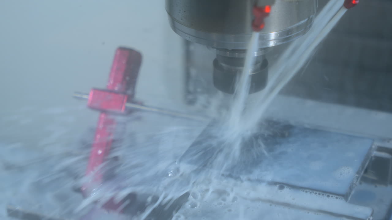 Interior view of a CNC milling machine cutting metal under high-pressure coolant spray, with a red vise securing the workpiece in place.