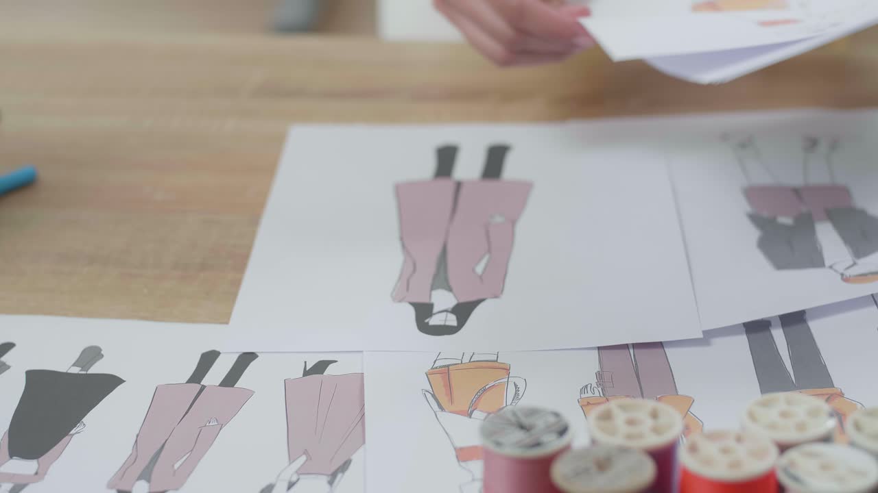 스튜디오 의 테이블 에 재배열 되고 있는 옷 을 그리는 그림 들 의 근접적 인 모습