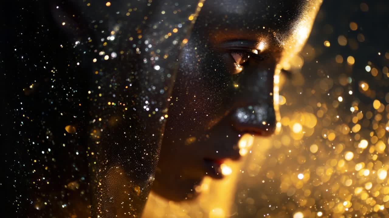 A mesmerizing transformation of light and beauty unfolds as a figure emerges through a cascade of golden sparkles, capturing the ethereal essence of the moment in a cinematic glow of shimmering brilliance