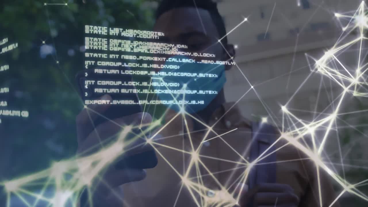 Animation of digital interface and information with businessman in face mask using smartphone
