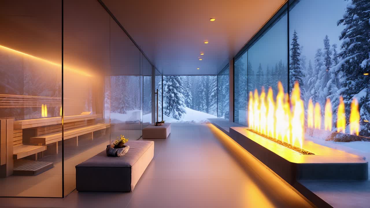 Modern Winter Retreat Featuring a Luxurious Sauna, Panoramic Glass Walls, and a Stunning Fire Feature Creates an Inviting Atmosphere Amidst a Snowy Landscape, Perfect for Relaxation and Serenity