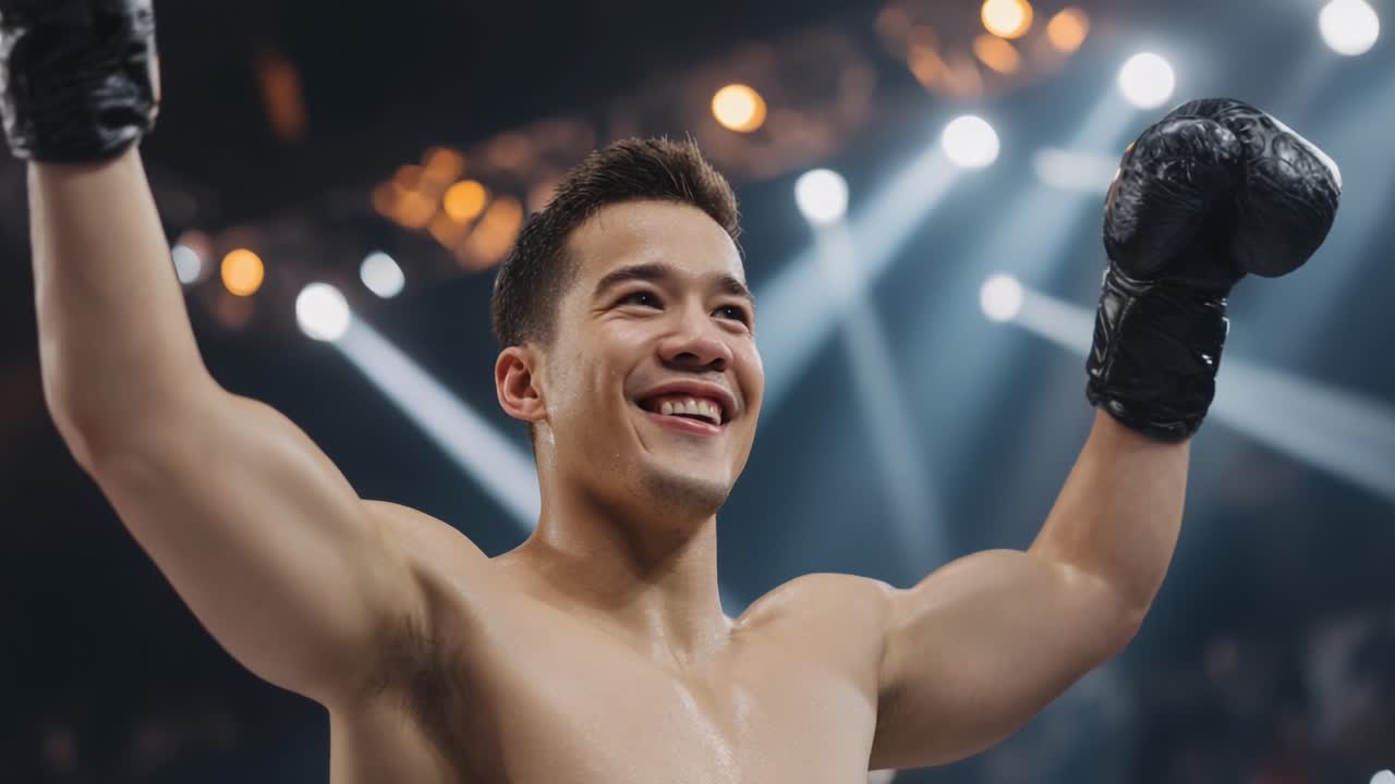 Victorious Boxer Celebrating in the Ring with Joyous Expressions and Raised Arms Amidst Spotlight and Audience Excitement
