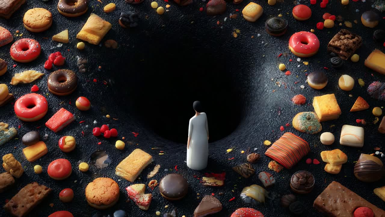 A Surreal Culinary Journey: A Figure Stands Before an Abyss Surrounded by an Array of Tempting Treats, Exploring the Intersection of Desire and Indulgence in a Captivating Landscape