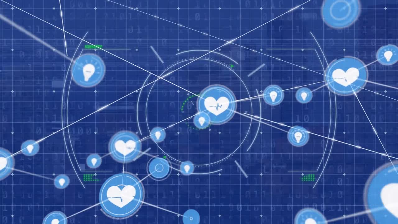 아이콘과 도시 풍경에 대한 범위 스캐닝으로 연결 네트워크의 애니메이션