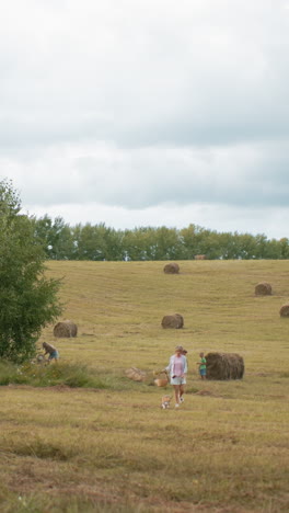 vista distante de personas caminando con su perro en un campo rural abierto rodeado de balas de heno y vegetación exuberante, un paisaje rural pacífico bajo un cielo nublado captura una atmósfera al aire libre relajada