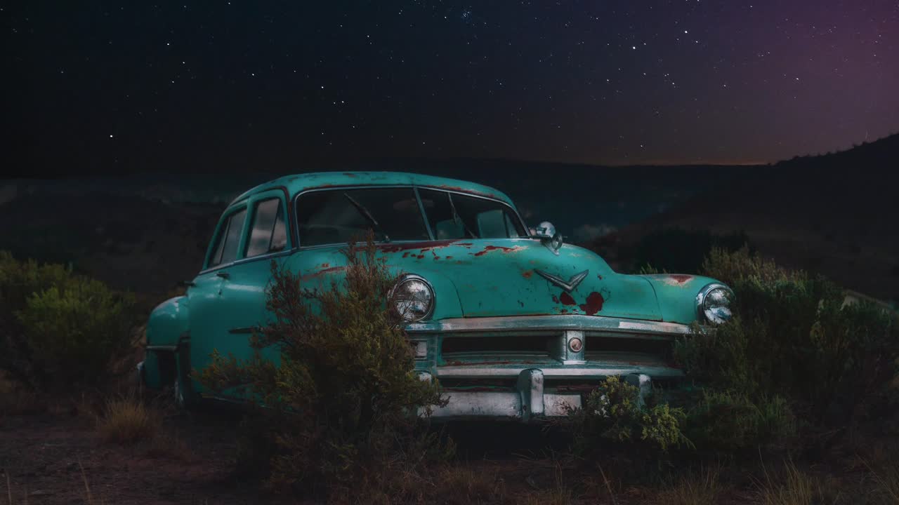 Cinemagraph of turquoise 1950s US Chrysler car in Utah desert at night with star time lapse