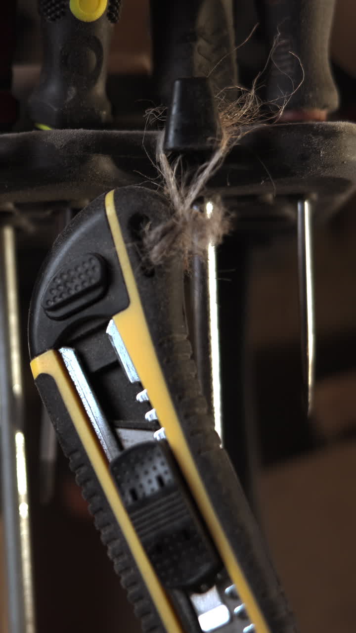 Primo piano di un coltello multiuso impolverato appeso in un laboratorio