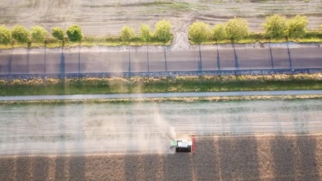 Tractor-combine-harvesting-crops-next-to-avenue-with-trees-casting-shadows-on-the-road