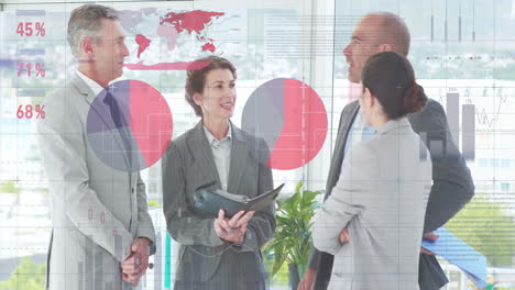 discussing global data, business professionals in office with animation and charts overlay