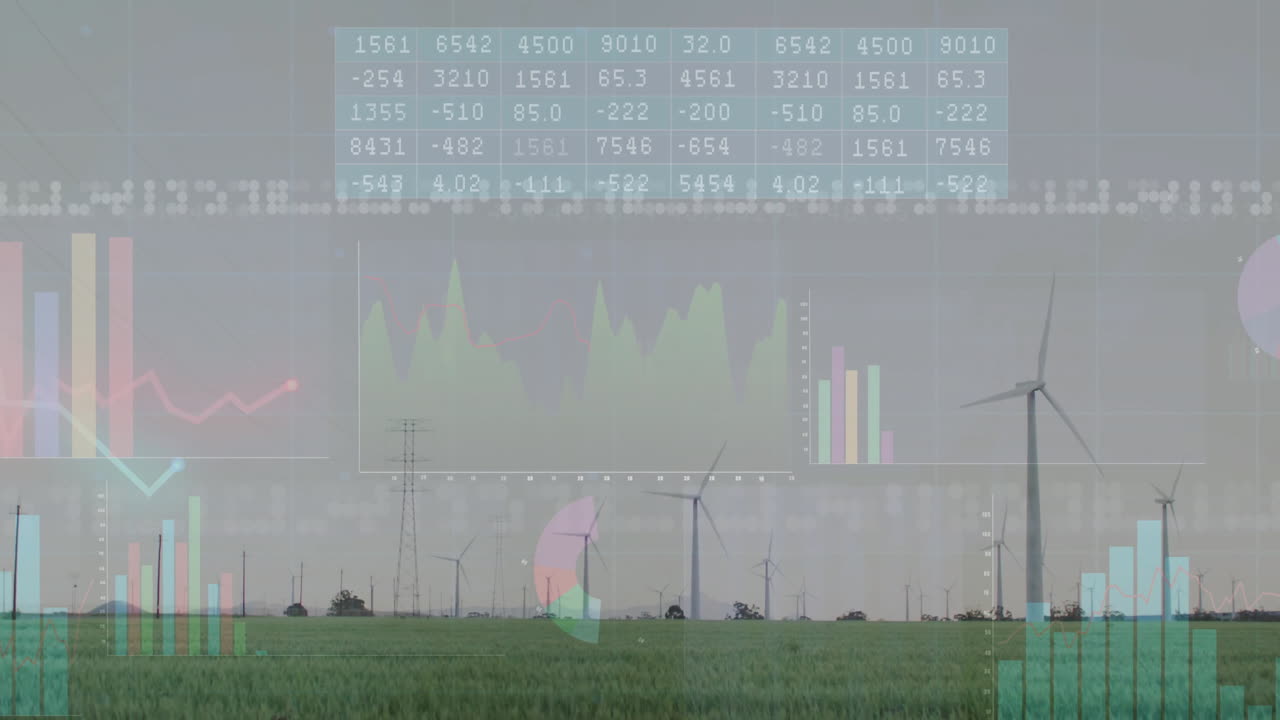 Wind turbines rotating in green field in flat design, with floating bar charts and line graphs