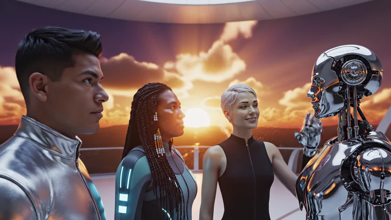 Diverse Group of People with a Robot at Sunset