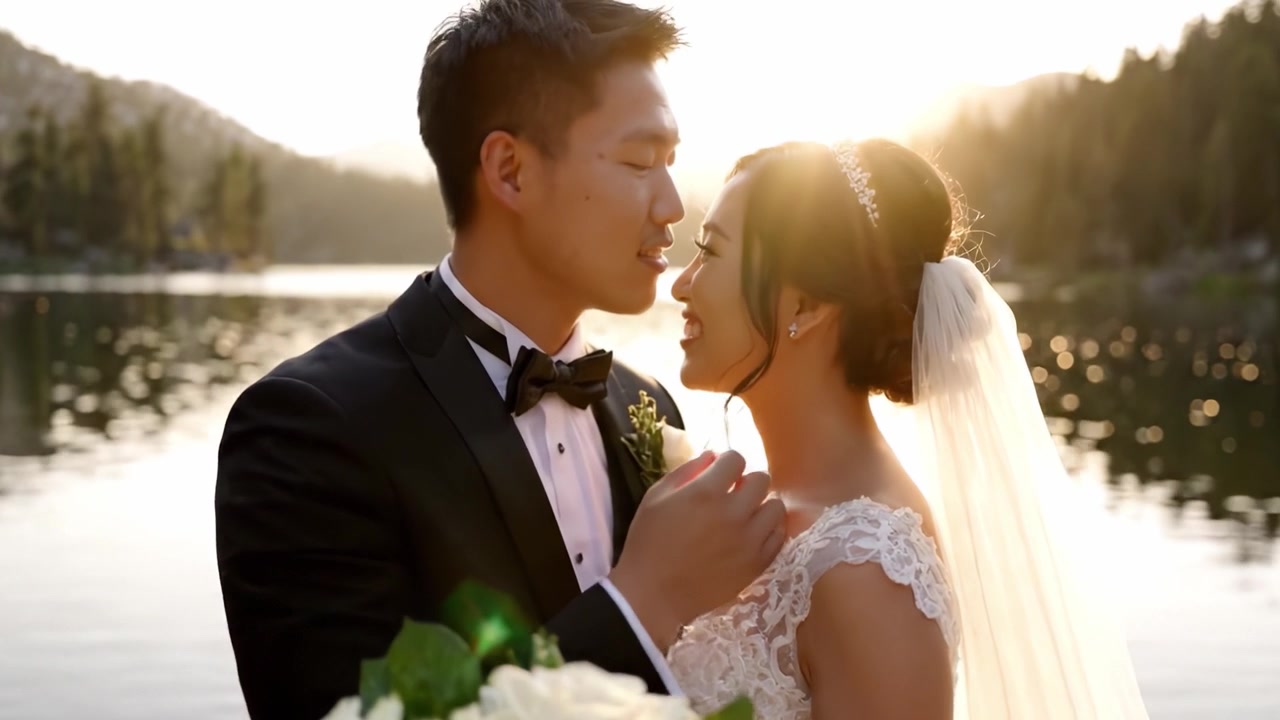 Un romantico momento di matrimonio al tramonto: gli sposi si scambiano un tenero abbraccio vicino all'acqua, circondati dalla bellezza naturale e dall'amore.