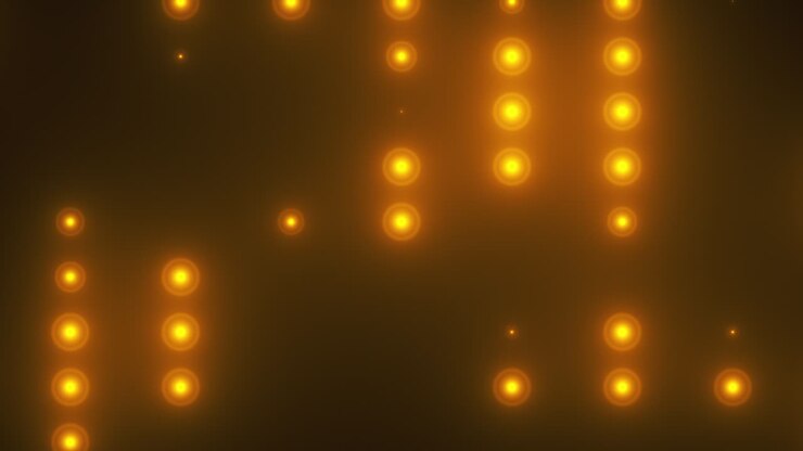 File di faretti a lampadina con accensione casuale, sfondo di night club generato al computer, rendering 3D.