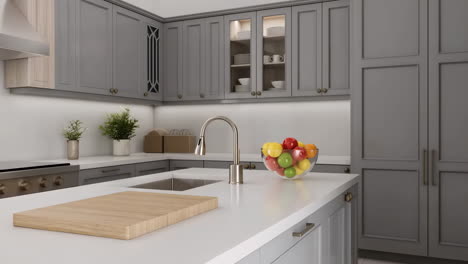 modern grey kitchen interior with island and fruit bowl
