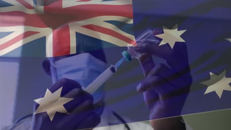 Animation-Der-Flagge-Australiens,-Die-über-Einem-Arzt-Weht,-Der-Eine-Gesichtsmaske-Trägt-Und-Einen-Impfstoff-In-Der-Hand-Hält