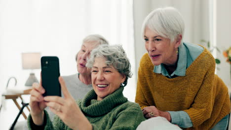 senior women, friends and video call on home sofa