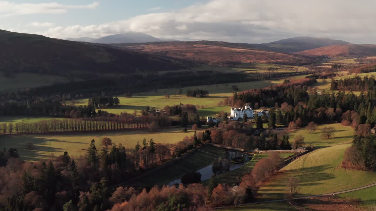 Wonderful Scenery Of A Castle in Blair Atholl, Scotland Surrounded By Glorious Trees - Aerial Shot