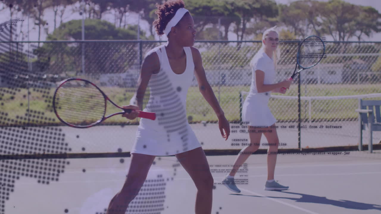 Two women playing tennis on outdoor court with digital overlay animation
