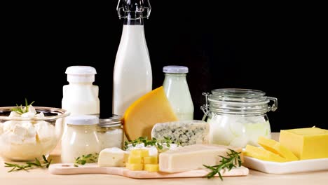 assorted dairy items arranged on a table