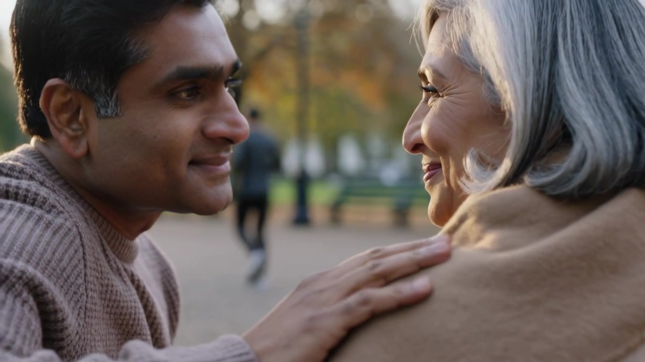 Leaning man in tan sweater touching woman's shoulder in camel coat on green bench, offering comfort