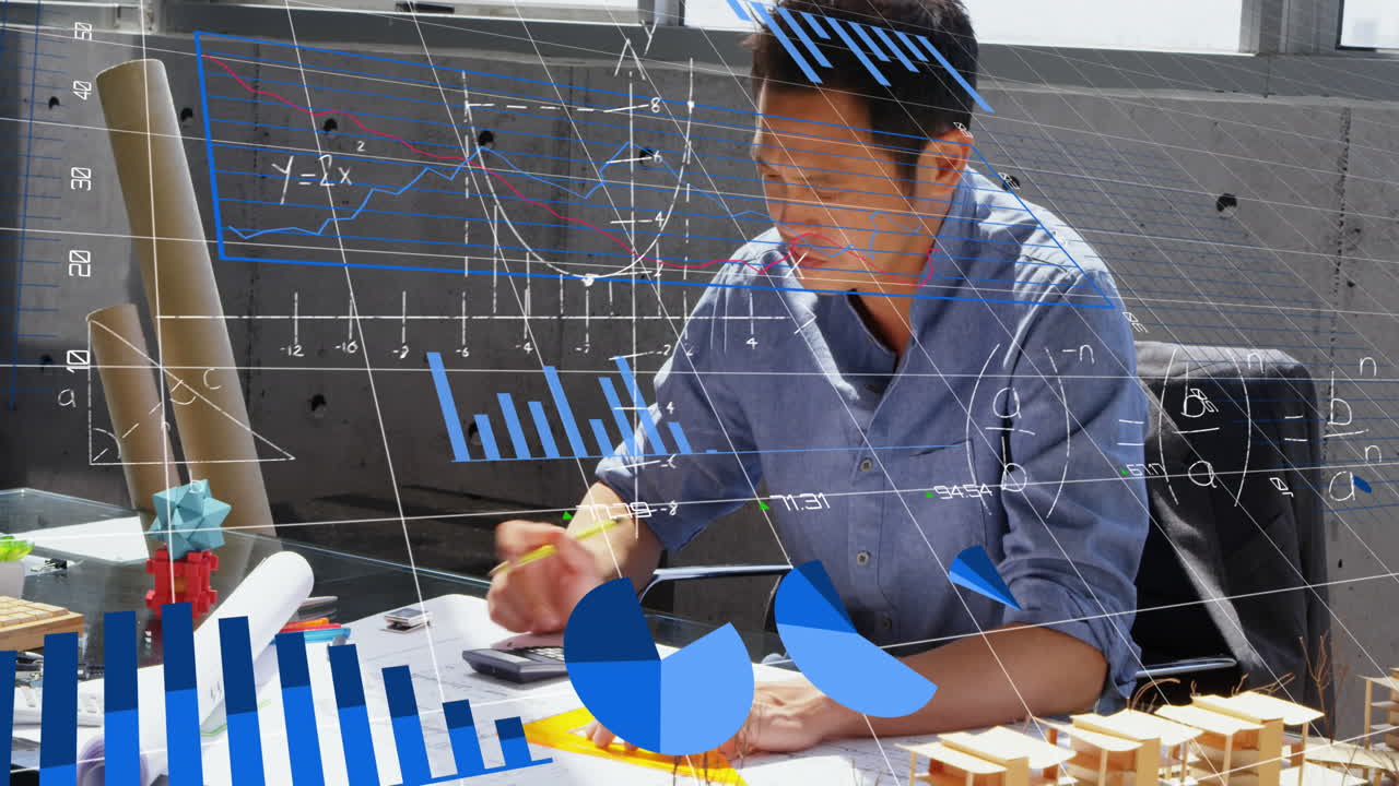 Animation of graphs, mathematical equation and diagrams, asian architect using calculator in office