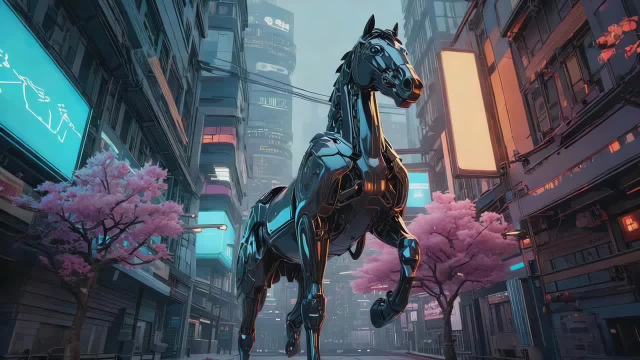 Cyberpunk Horse in Futuristic Cityscape