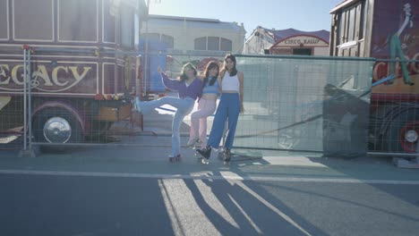 three friends roller skating
