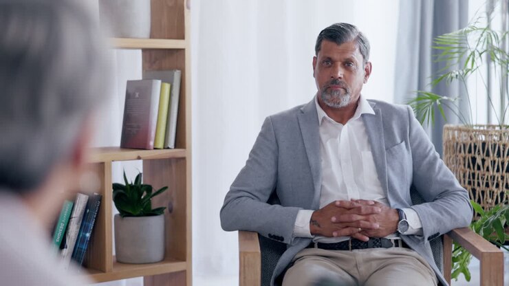 Meeting, talking and a man in interview with human